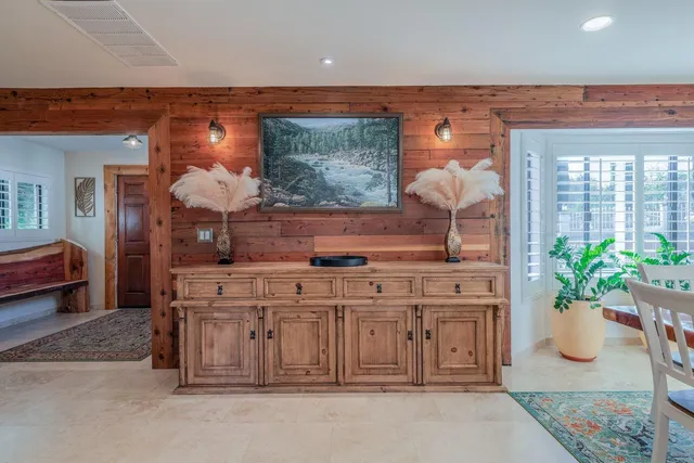 a view of a dining room with furniture