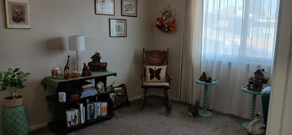 a room with table and closet