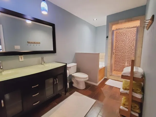 a bathroom with a toilet sink vanity and mirror