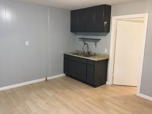a kitchen with a sink and cabinets