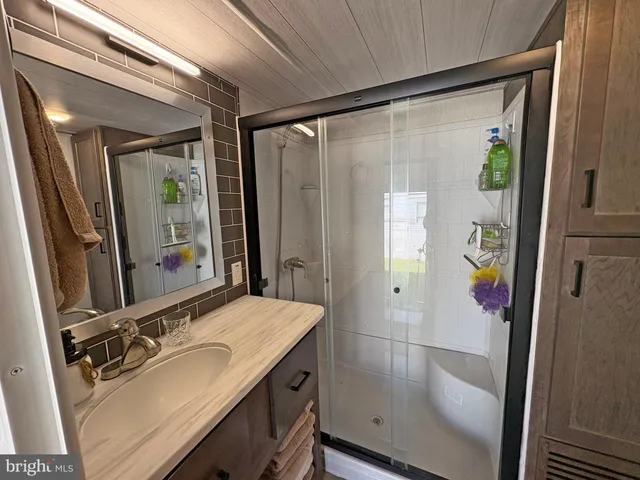 a bathroom with a sink mirror and shower