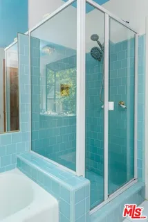 a bathroom with a shower and a tub