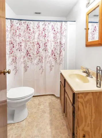 a bathroom with a sink a toilet and shower curtain
