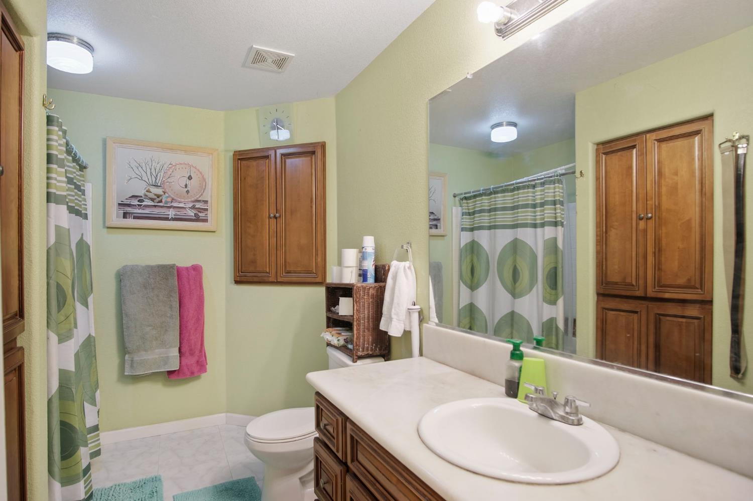 1568 Vía Del Pettoruto Gustine, CA 95322 - Photo 20 of 30 a bathroom with a sink a toilet and shower curtain