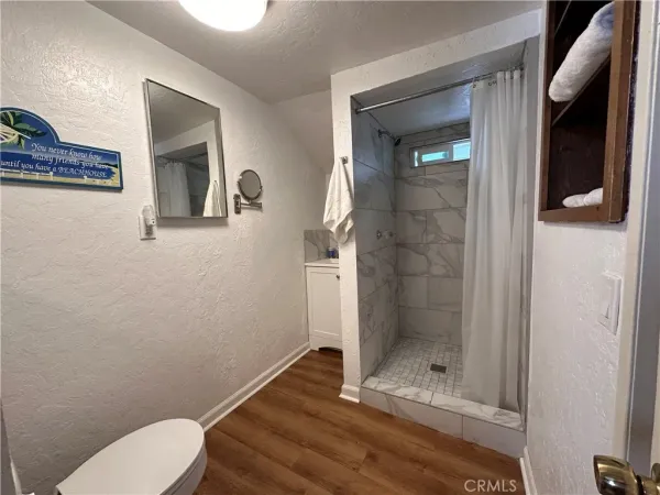 a bathroom with a toilet and a shower