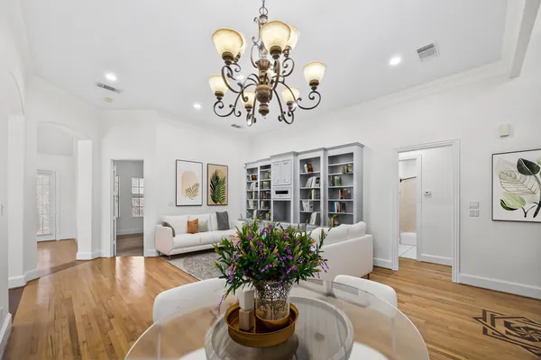 a view of a dining room with furniture