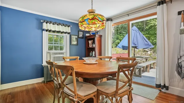 a view of a dining room with furniture window and outside view