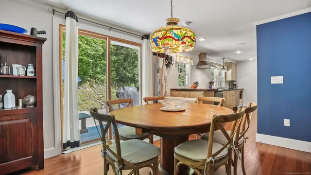 a view of a dining room with furniture window and outside view