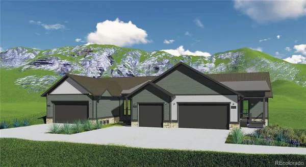 a view of a house with a yard and potted plants