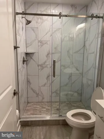 a bathroom with a shower and toilet