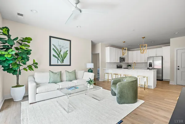 a living room with furniture and a potted plant
