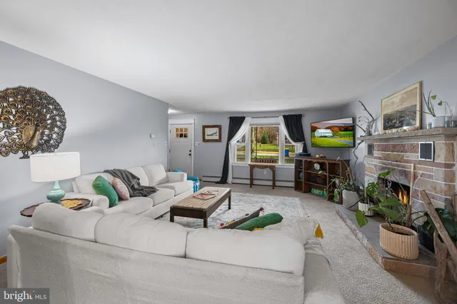 a living room with furniture and a fireplace