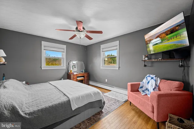 a bedroom with a bed and furniture