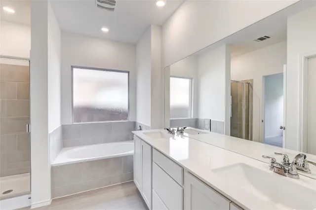a bathroom with a tub sink and mirror