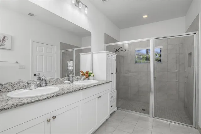 a bathroom with double sink and a mirror