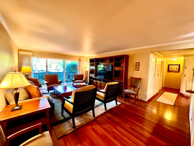 a living room with furniture a rug and a floor to ceiling window