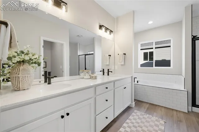 a bathroom with a double vanity sink a mirror and a