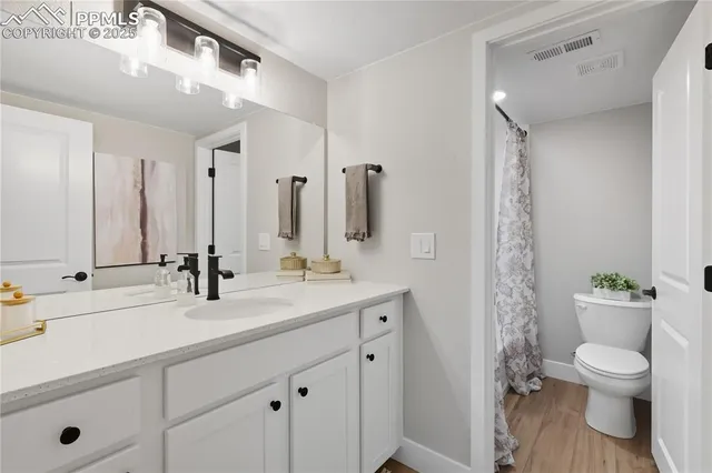 a bathroom with a double vanity sink toilet and a mirror