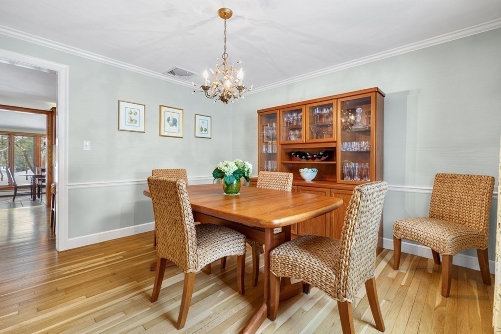 6 Sherman's Bridge Road Wayland, MA 01778 - Photo 16 of 42 a view of a dining room with furniture wooden floor and a chandelier