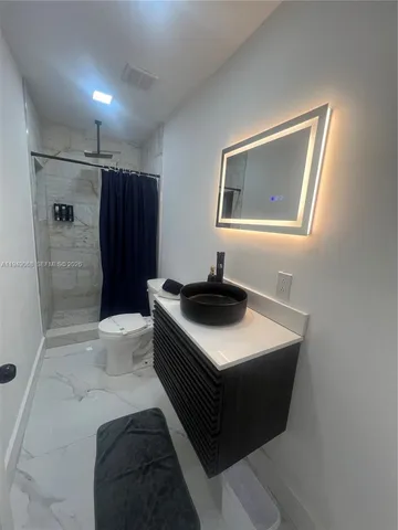 a bathroom with a sink a toilet a shower and a mirror