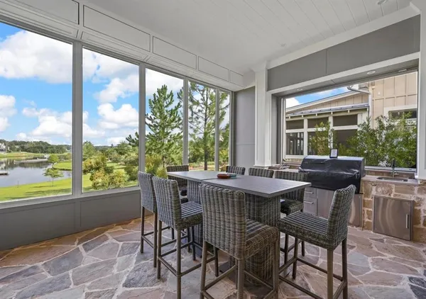 a view of a dining room with furniture window and outside view