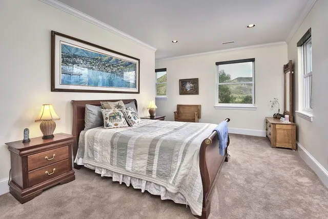 a bedroom with a bed and a couch