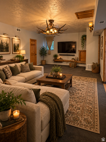 6633 Holiday Hills Road Springville, UT 84663 - Photo 18 of 25 Spacious living area featuring a custom antler-style chandelier, wood-finish door, wall-mounted light fixtures, and plush carpeting