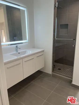 a bathroom with a shower and a sink