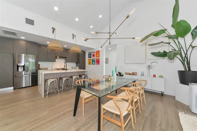 a view of a dining room with furniture