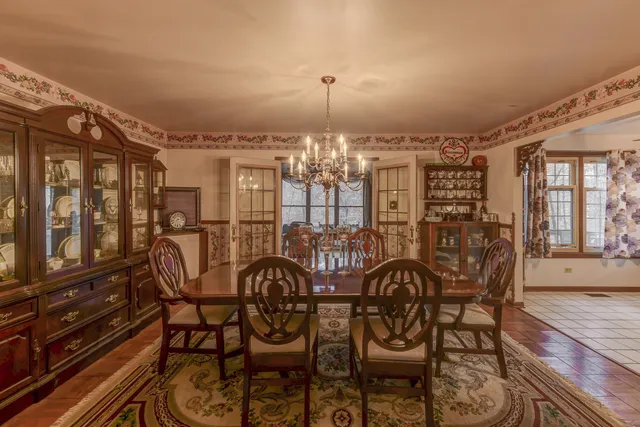 a view of a dining room with furniture window and outside view