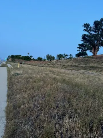 a view of a field with an trees in the background