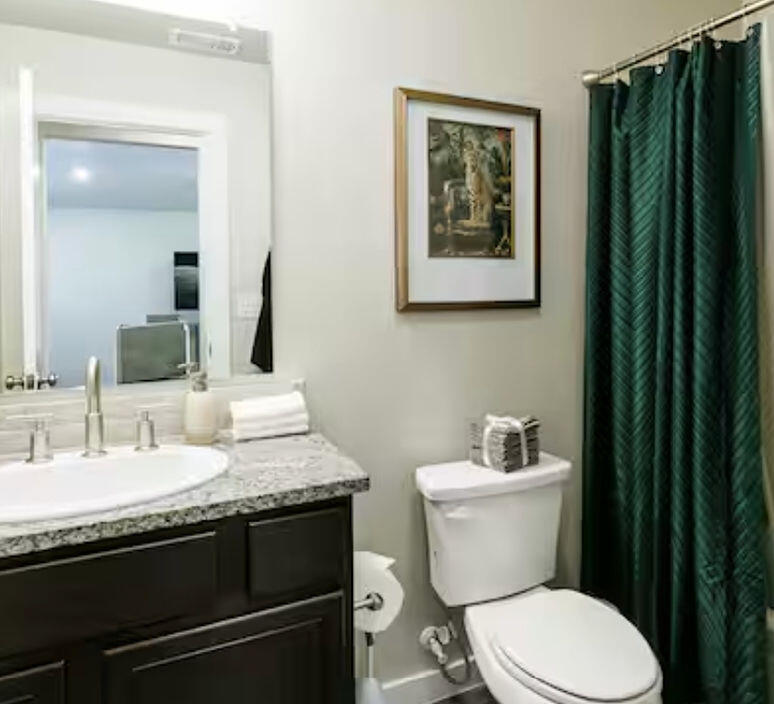 2016 132nd Street Lubbock, TX 79423 - Photo 15 of 28 a bathroom with a granite countertop toilet sink and mirror