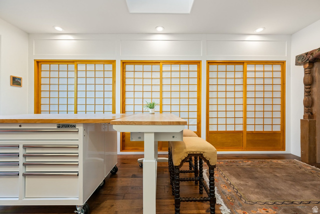 779 South Silver Road Leeds, UT 84746 - Photo 35 of 80 Dining room with dark wood-type flooring, recessed lighting, and a skylight