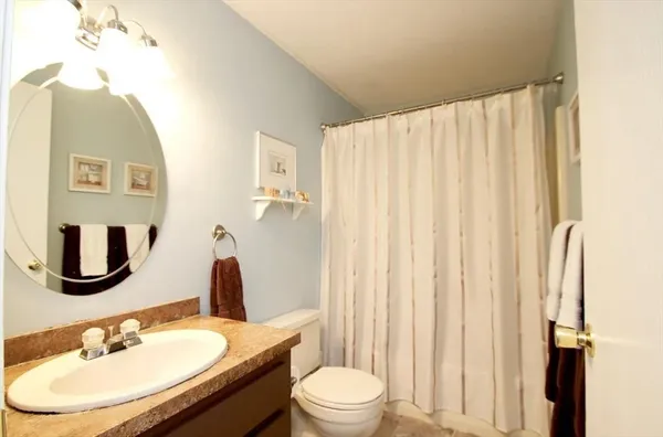 a bathroom with a sink toilet and mirror