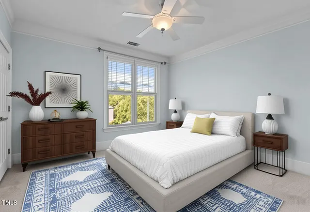 an empty room with a window and a ceiling fan