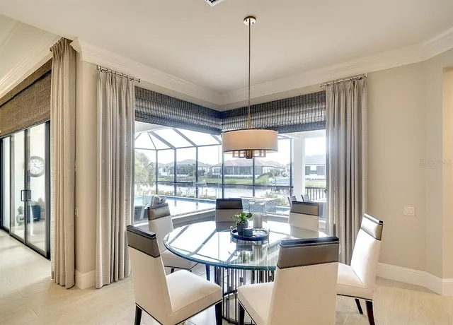 a view of a dining room with furniture window and outside view