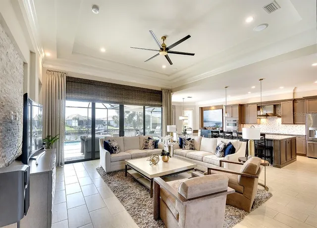 a living room with lots of furniture and a large window