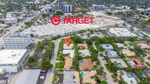an aerial view of city and swimming pool