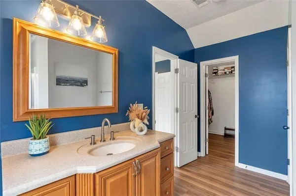 a bathroom with a sink a mirror and a shower