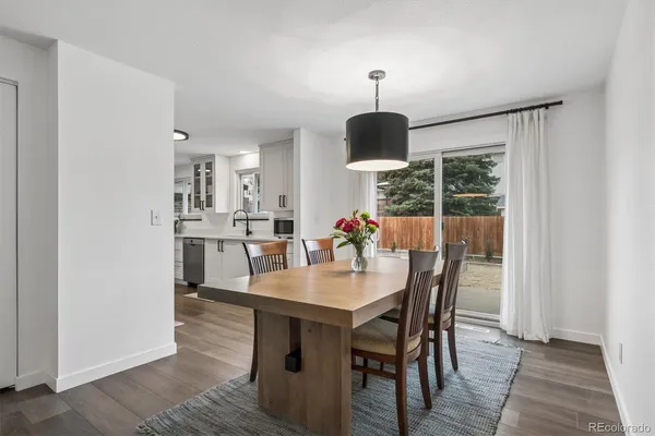 a view of a dining room and a table and chairs in a room