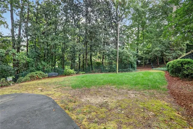 a view of a backyard with large trees