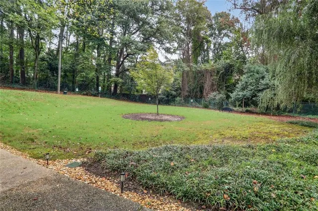 a garden with trees in the background