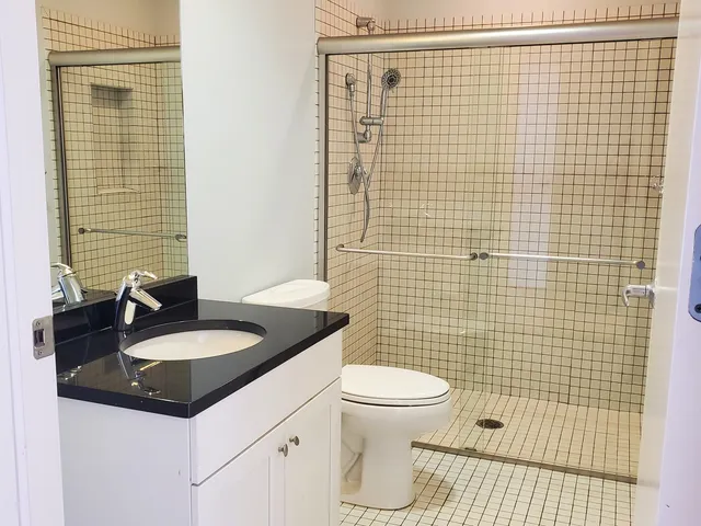 a bathroom with a granite countertop toilet a sink a mirror and shower curtain