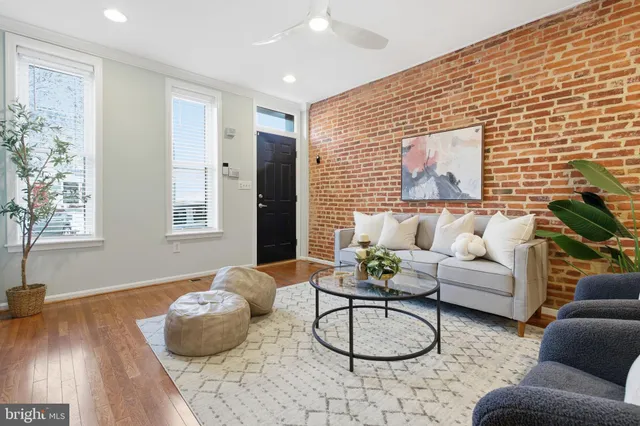 a living room with furniture and a potted plant