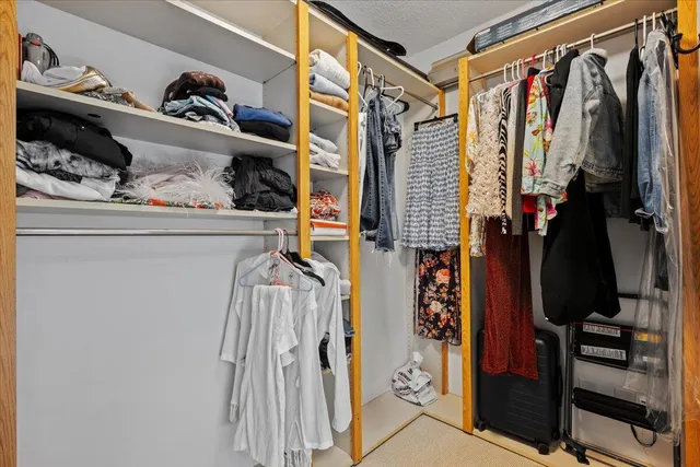 a view of walk in closet with clothes and shoes