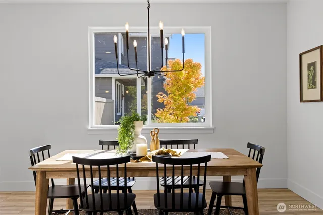 a view of a dining room with furniture