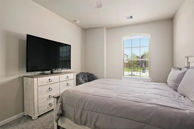 a bedroom with a bed and a flat screen tv