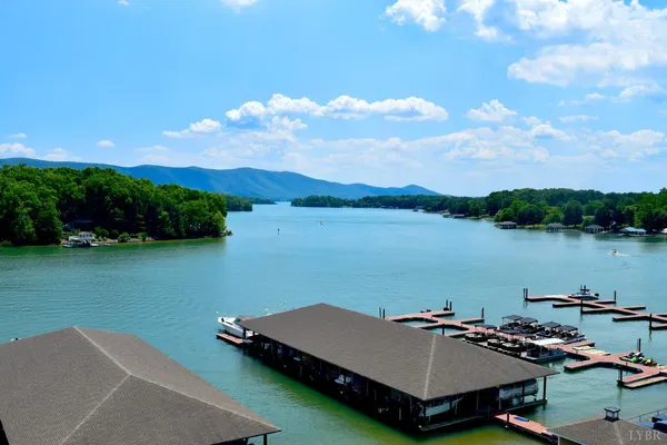 a view of a lake with houses in the back