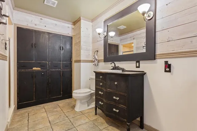 a bathroom with a sink vanity and a toilet