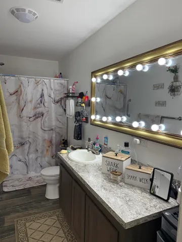 a bathroom with a granite countertop sink a toilet and a shower curtain